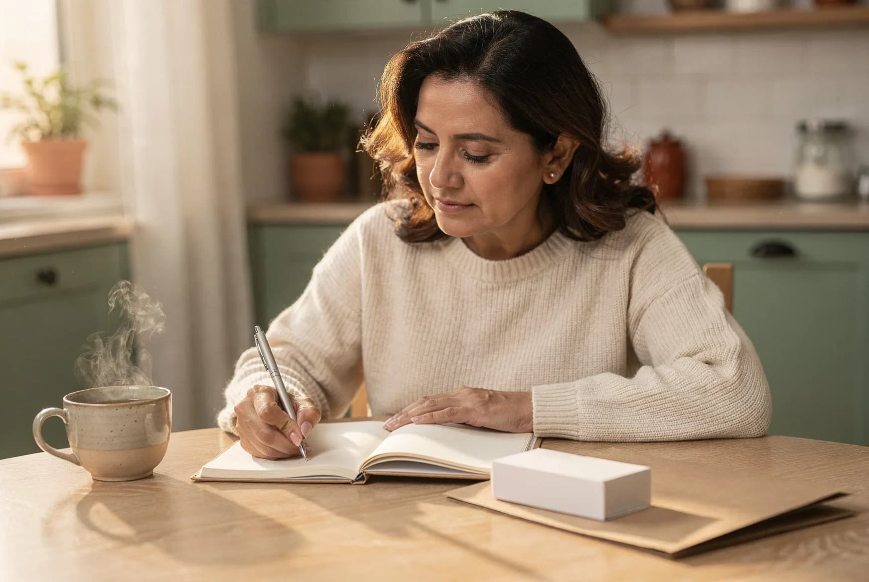 Manos anotando en una libreta los detalles de sus dolores de cabeza